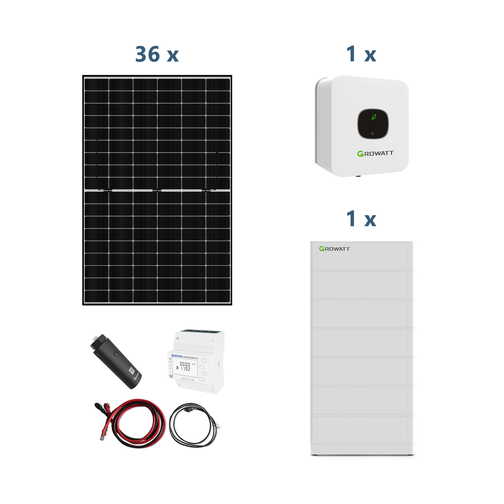 Growatt Solaranlage mit Stromspeicher MIN 4600-XH 4,6kW Hybridwechselrichter 1-phasig mit ARK 15,3XH Solarspeicher 15,36kWh und Sunova 440W Solarmodulen* 36 Stück